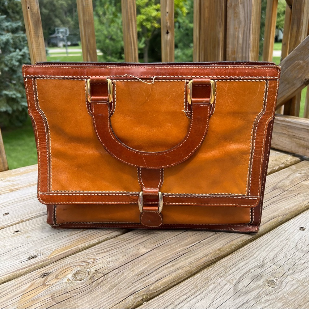 Vintage Ronora 14” Laptop Bag Genuine Leather Handmade In Italy Zipper, Pockets